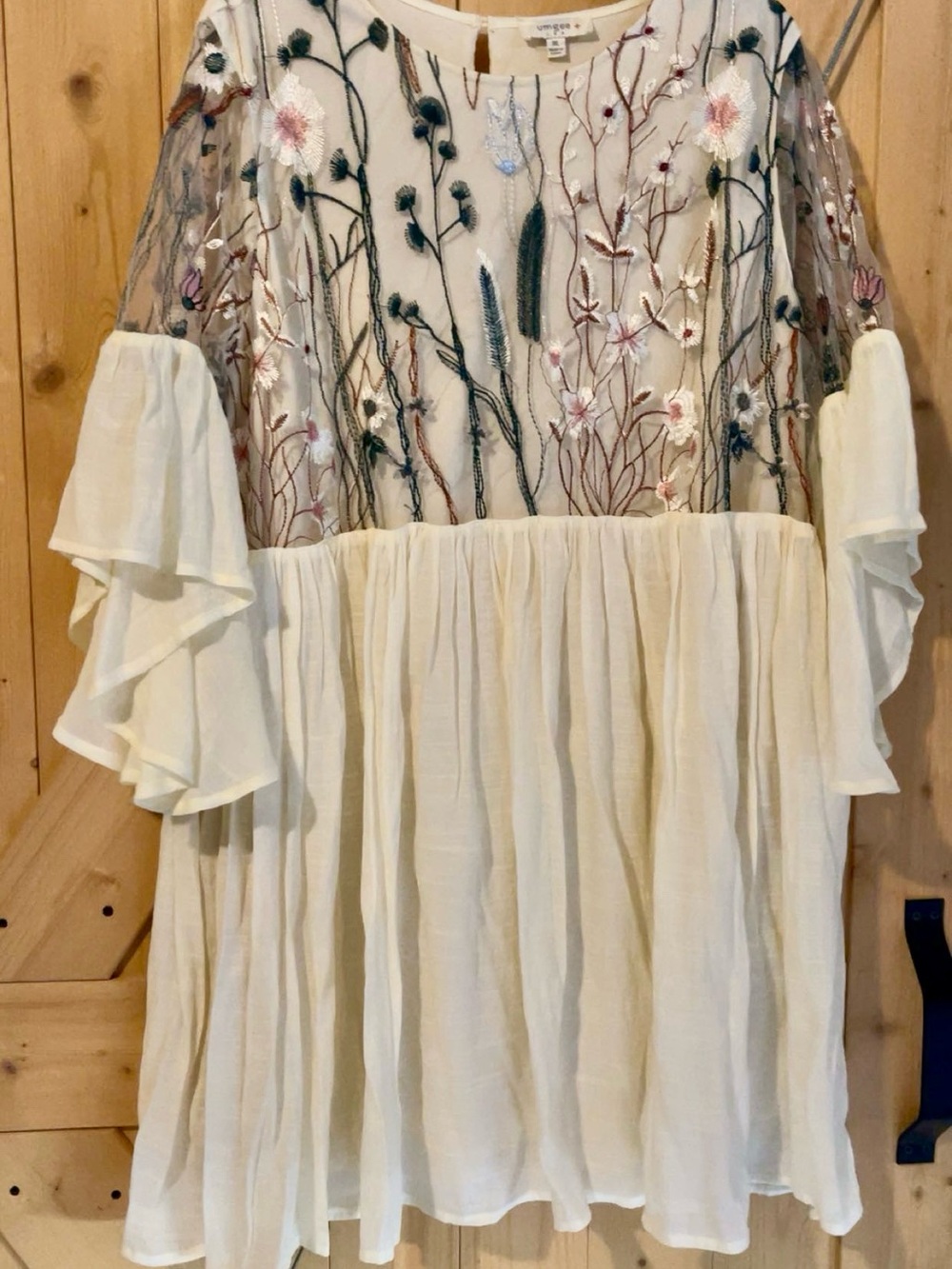 Umgee Cream Embroidered Flowing Peasant Bell sleeve dress